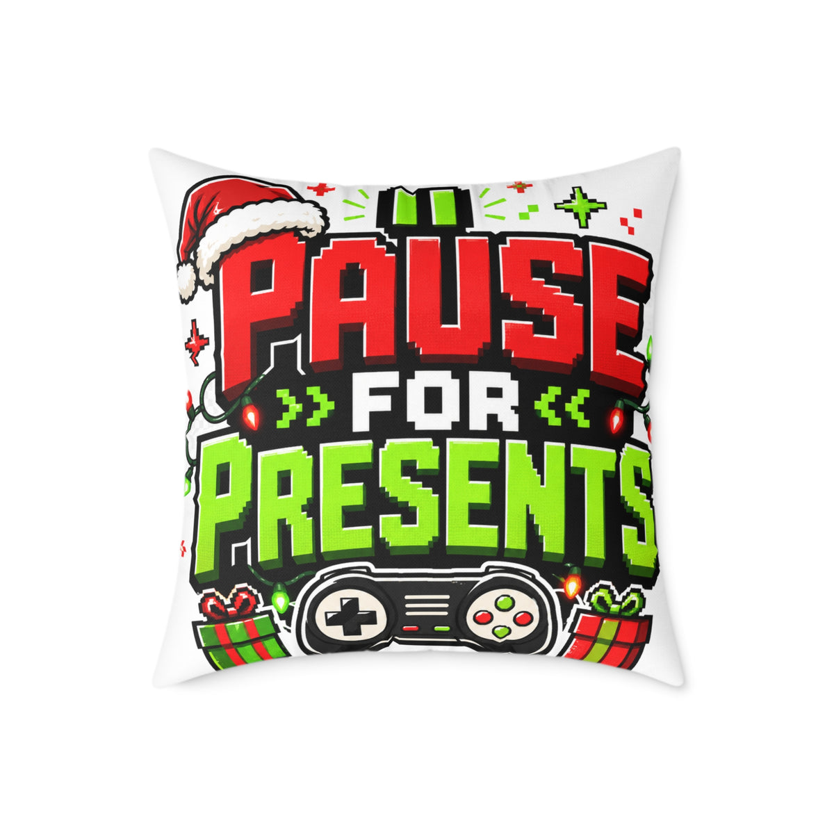 Modern Day Christmas Holiday Gamer Pillow — "Pause for Presents" Christmas Gaming Throw Pillow