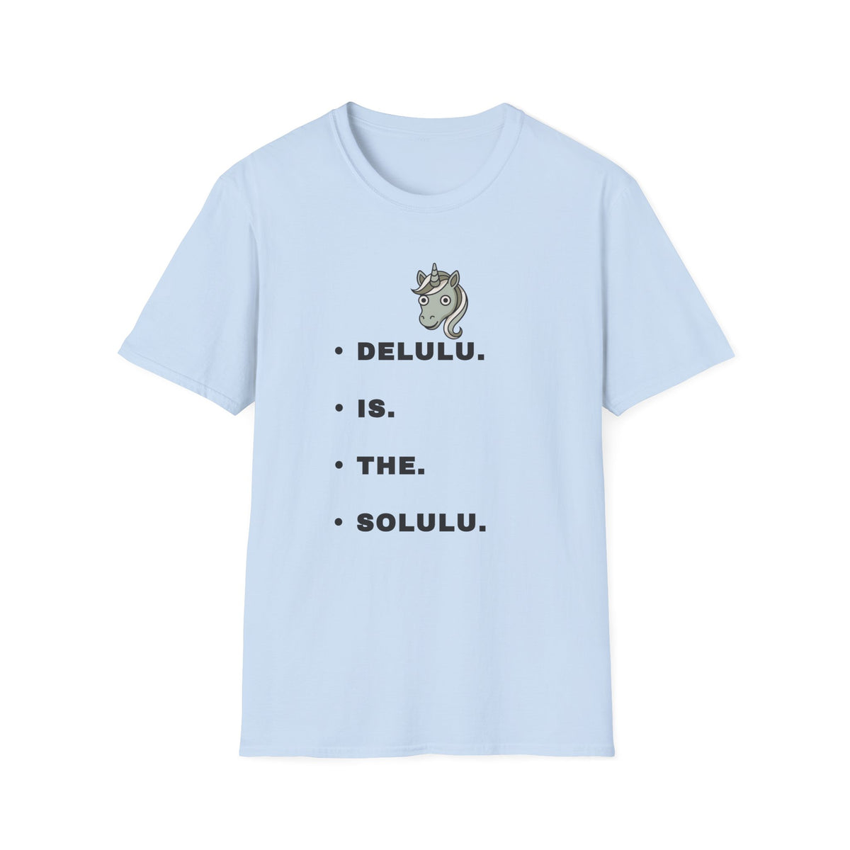T-Shirt — Minimalist Unicorn Graphic Tee with "DELULU" Text - Trending Now - September 2026