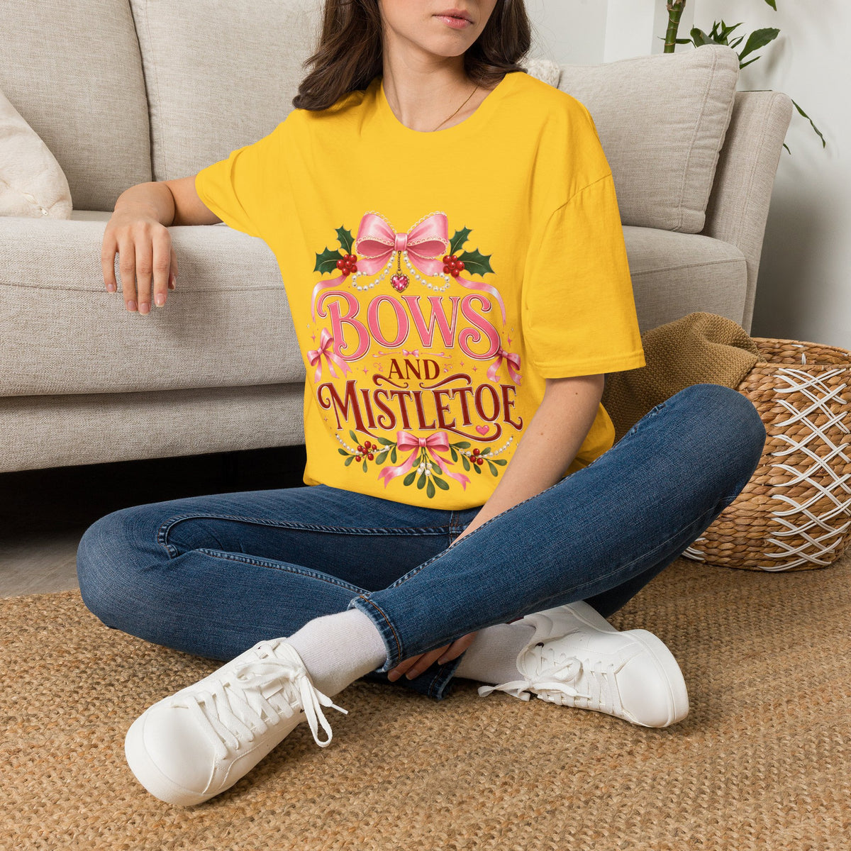 Bows and Mistletoe T-Shirt — Pink Holiday Bow Christmas Tee