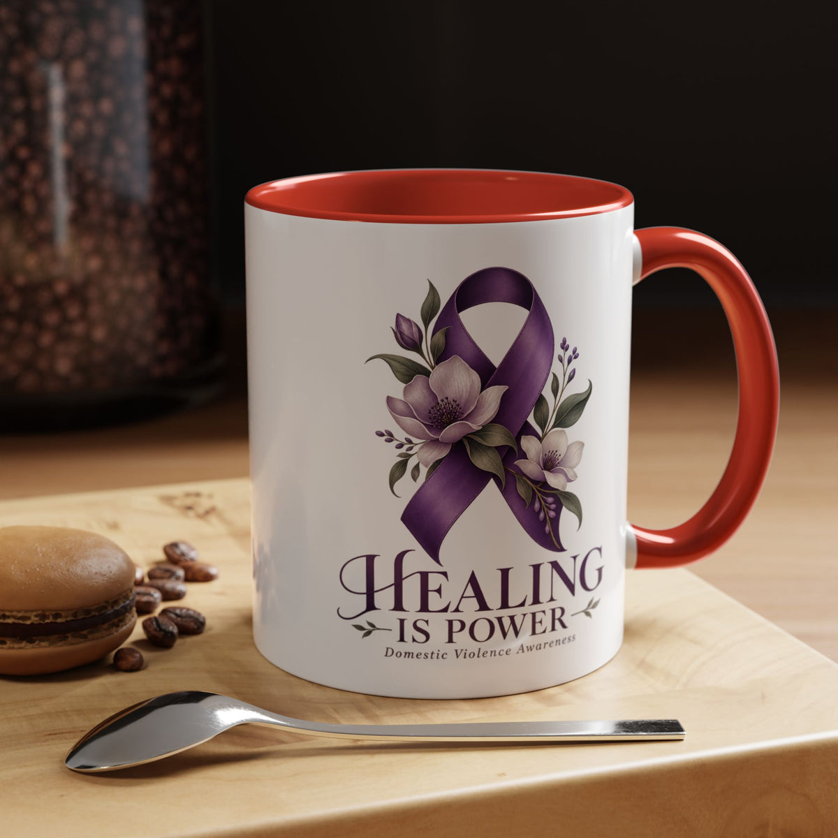 Healing Is Power Purple Ribbon Coffee Mug — Domestic Violence Awareness Accent Mug (11/15oz)