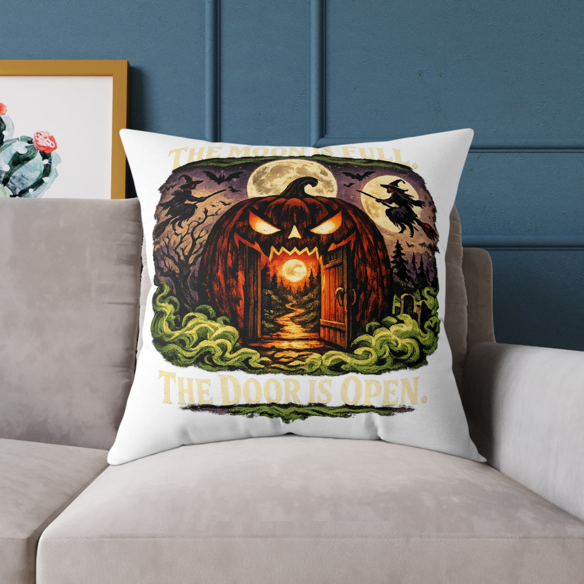 Halloween Pumpkin Doorway Square Pillow — Spooky Haunted House Decorative Throw Pillow