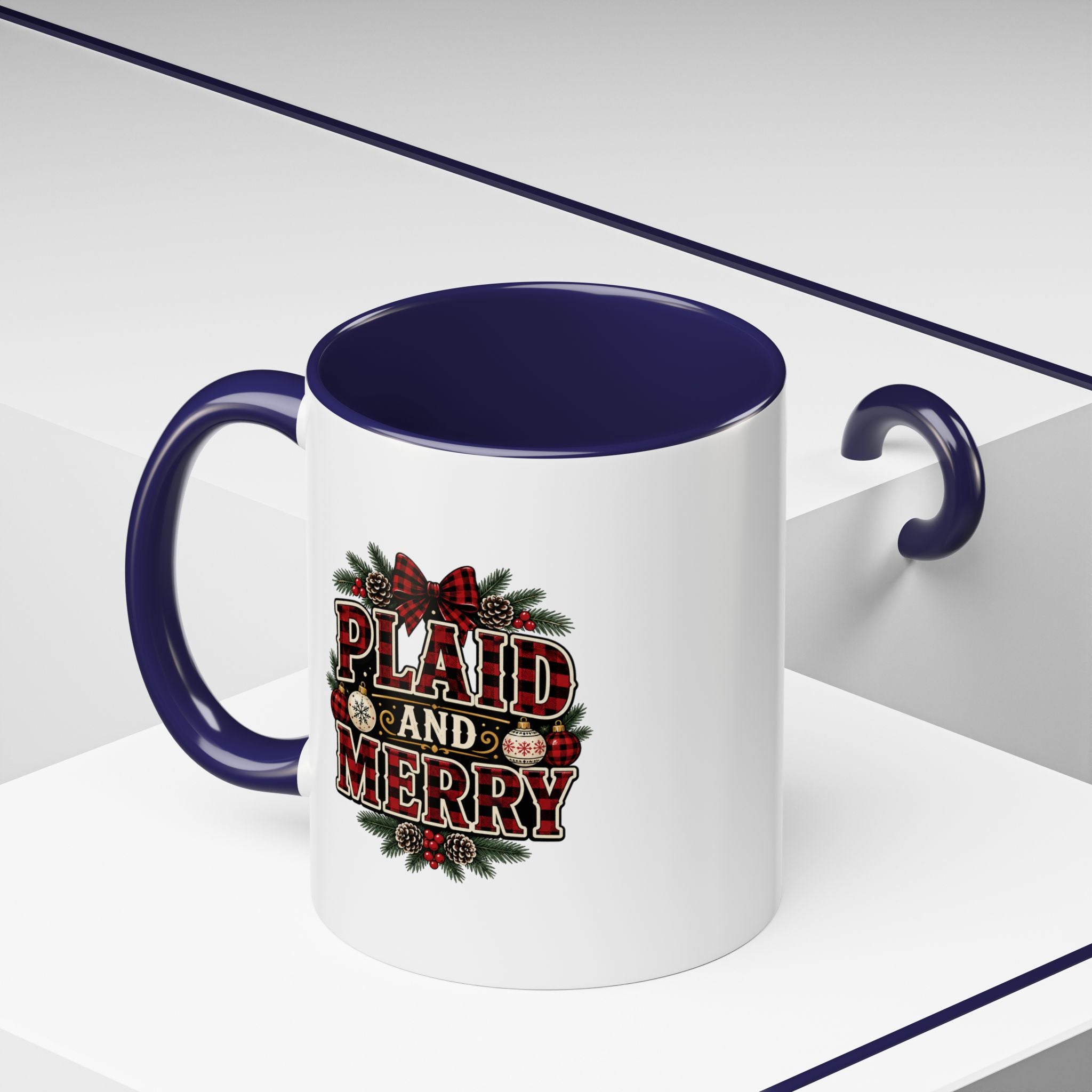 Plaid and Merry Accent Coffee Mug — Festive Buffalo Check Christmas Mug