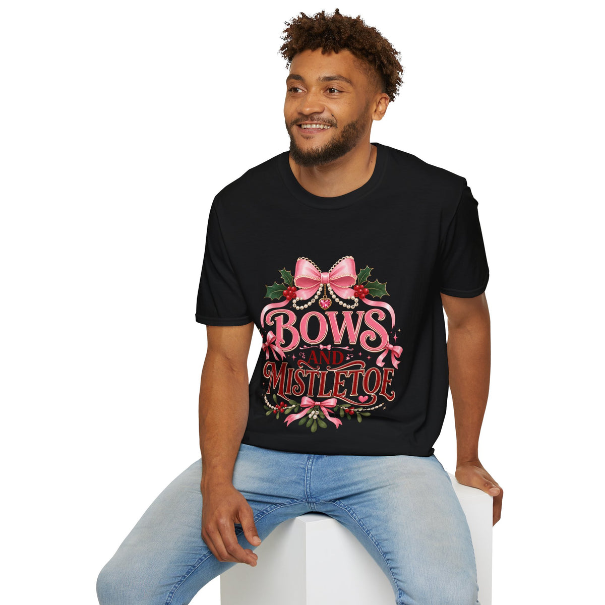 Bows and Mistletoe T-Shirt — Pink Holiday Bow Christmas Tee