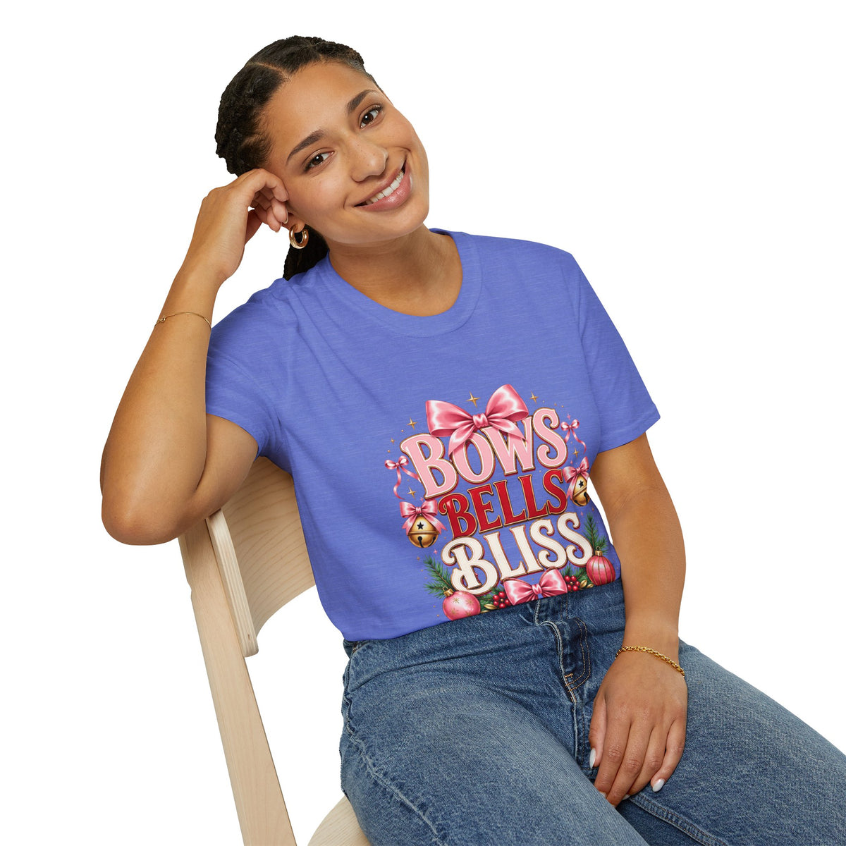 T-Shirt — "Bows Bells Bliss" Pink Holiday Graphic Tee