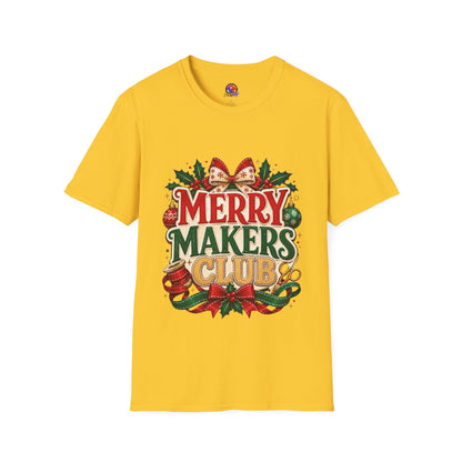 Merry Makers Club T-Shirt — Festive Christmas Holiday Tee with Holly & Bow