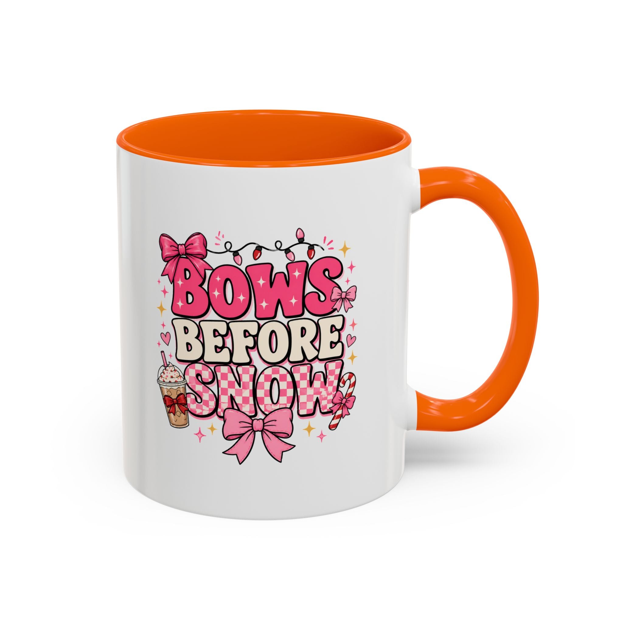 Modern Day Christmas Bows Before Snow Accent Coffee Mug — Cute Pink Holiday Hot Cocoa Design (11/15oz)