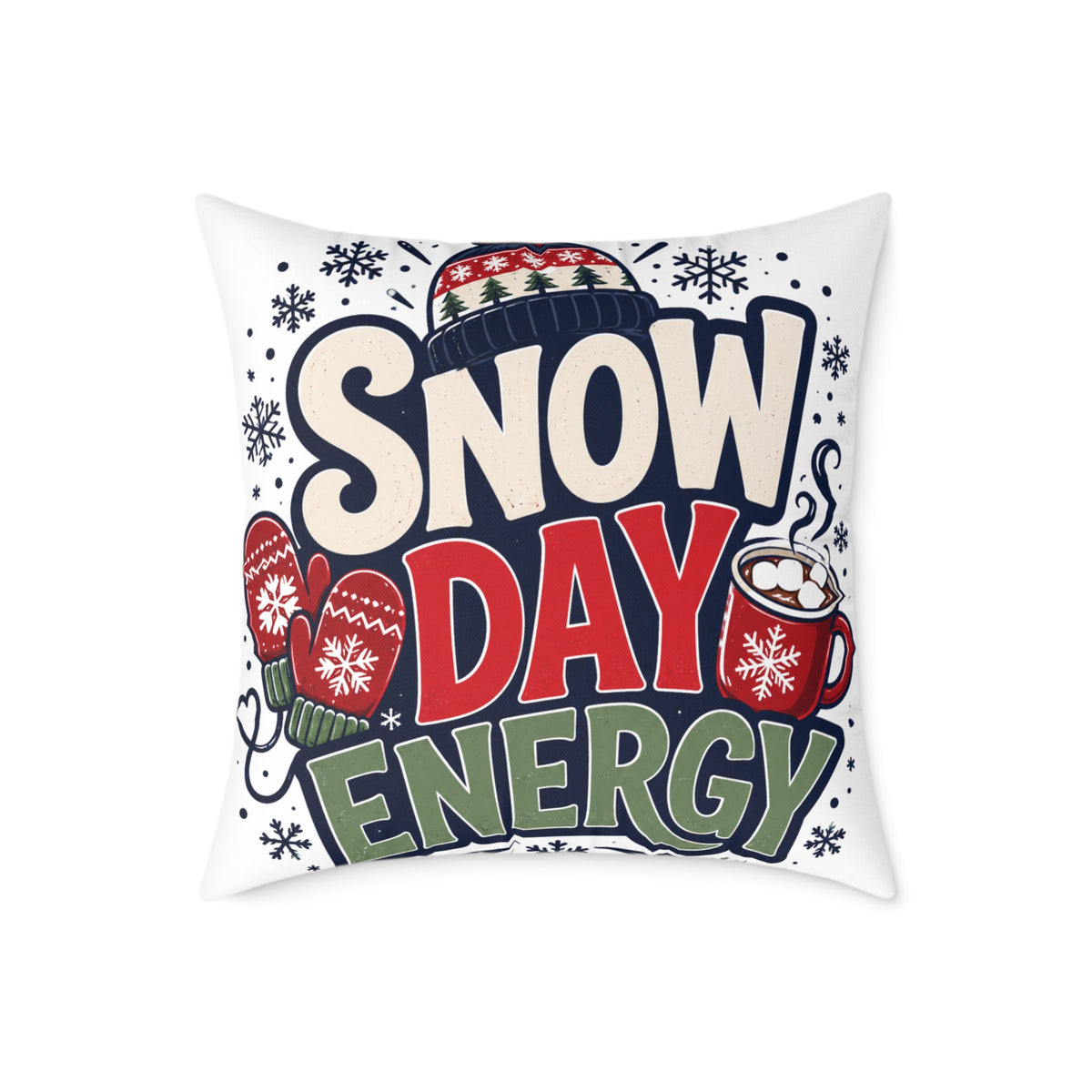 Christmas Snow Day Energy Pillow — Cozy Winter Decorative Throw Pillow with Holiday Mug & Mittens Design