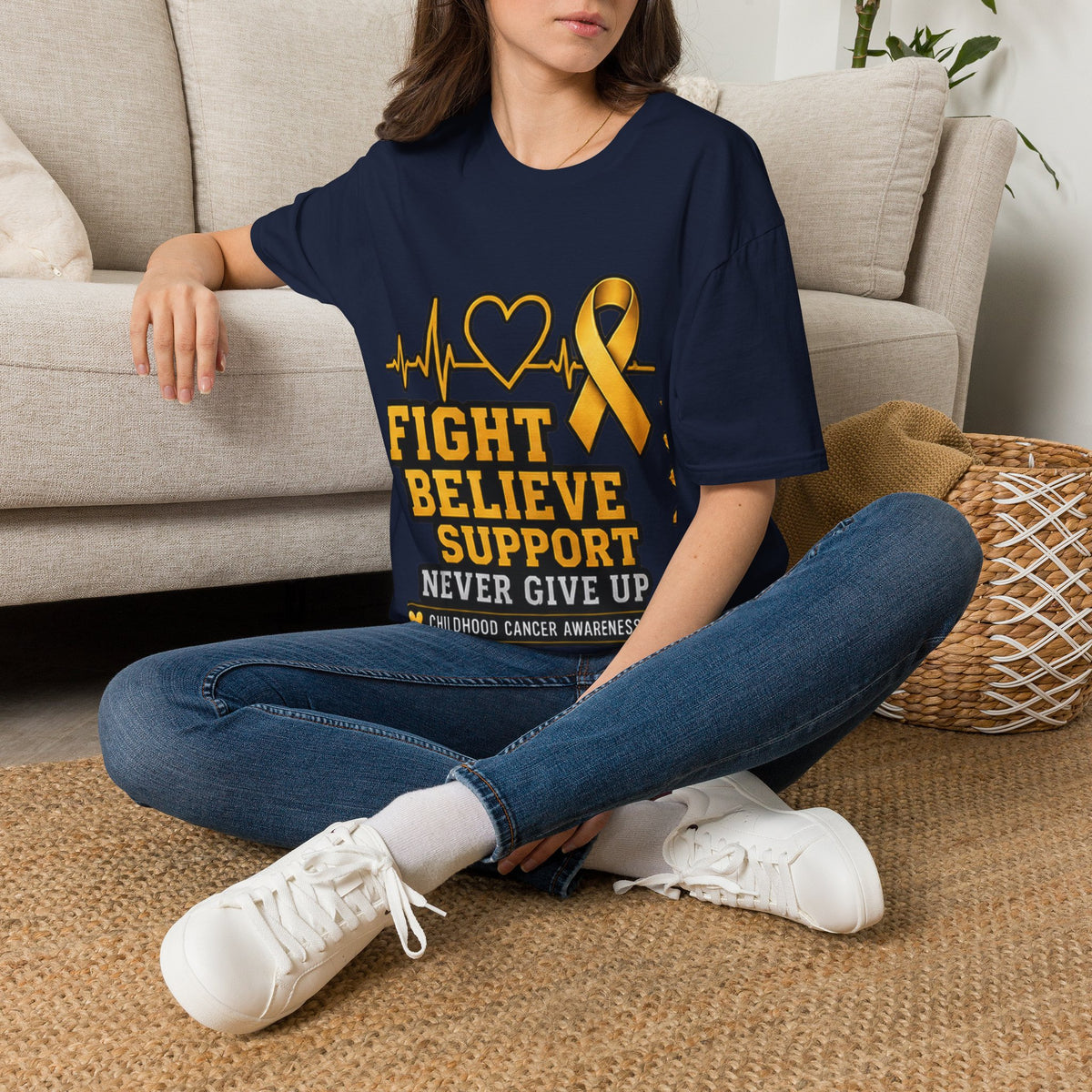 Childhood Cancer Awareness T-Shirt – "Fight Believe Support Never Give Up" Gold Ribbon Tee