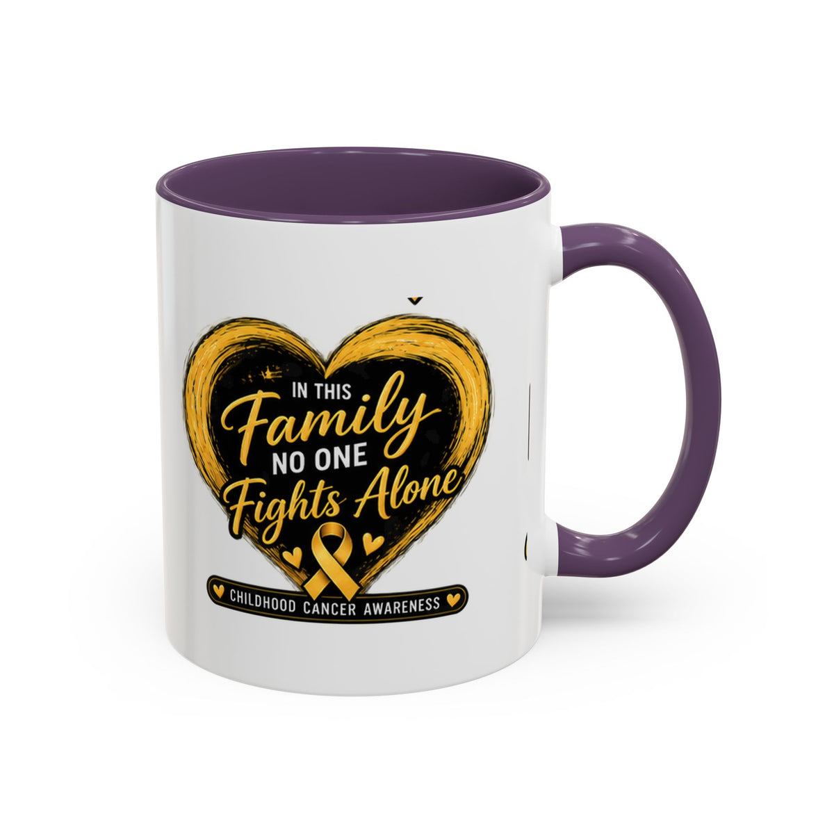 Childhood Cancer Awareness Accent Coffee Mug — "In This Family No One Fights Alone"