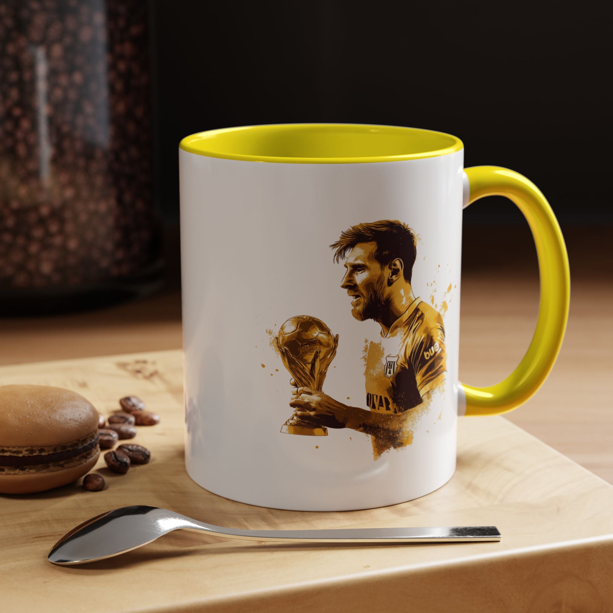 Soccer Legend Coffee Mug — Player Holding Trophy Accent Mug