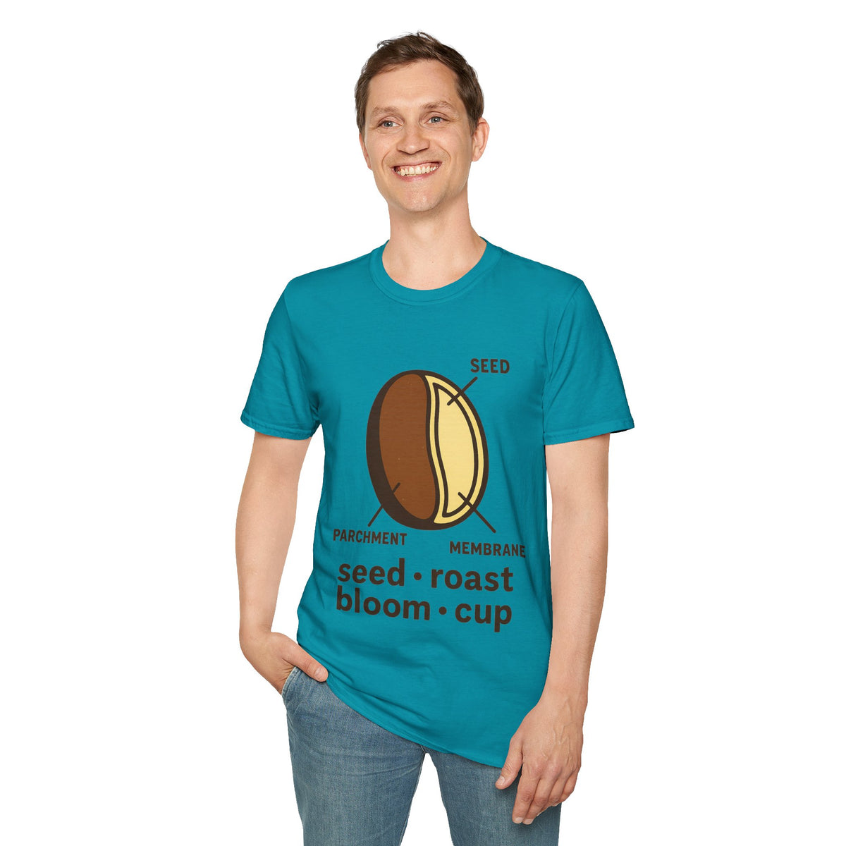 "Seed Roast Bloom Cup" Coffee Bean Graphic Tee - Minimalist Barista Aesthetic White T-Shirt - Trending Now - September 2026