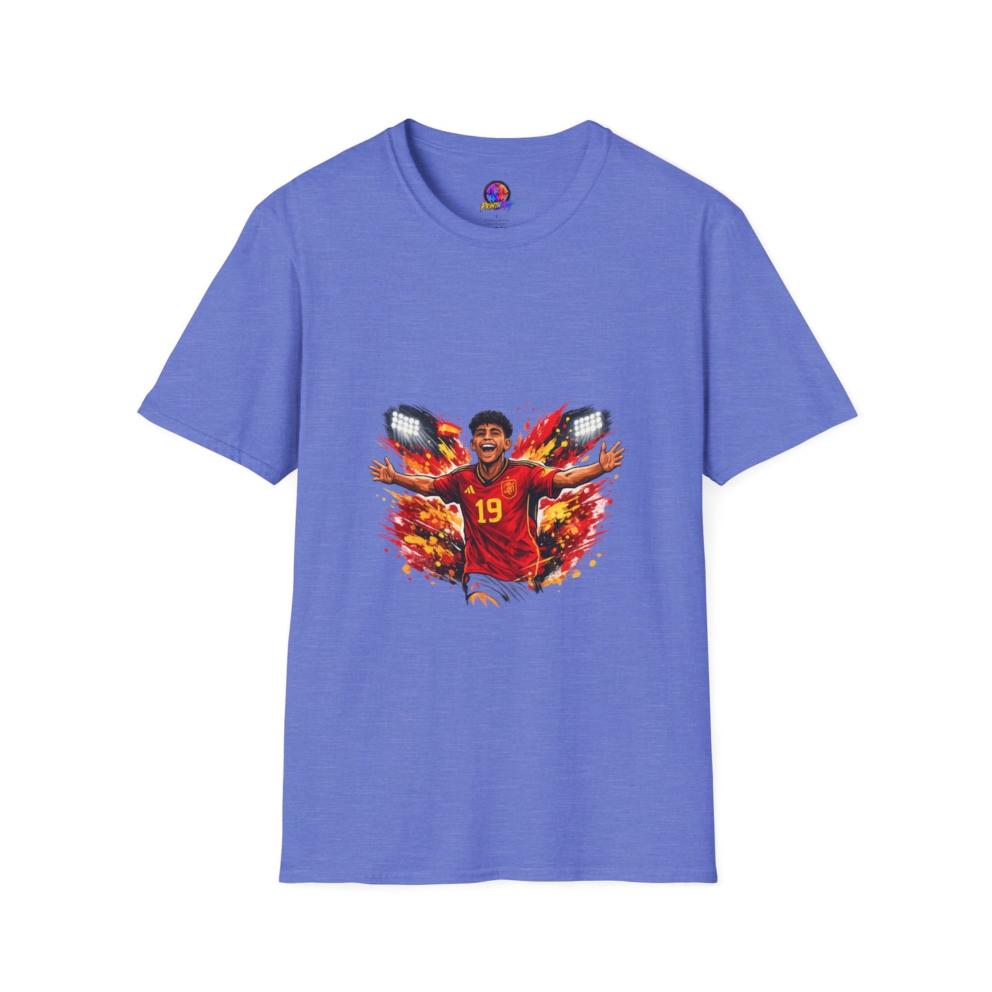 Spain Soccer Fan Portrait T‑Shirt – Fiery Goal Celebration Design