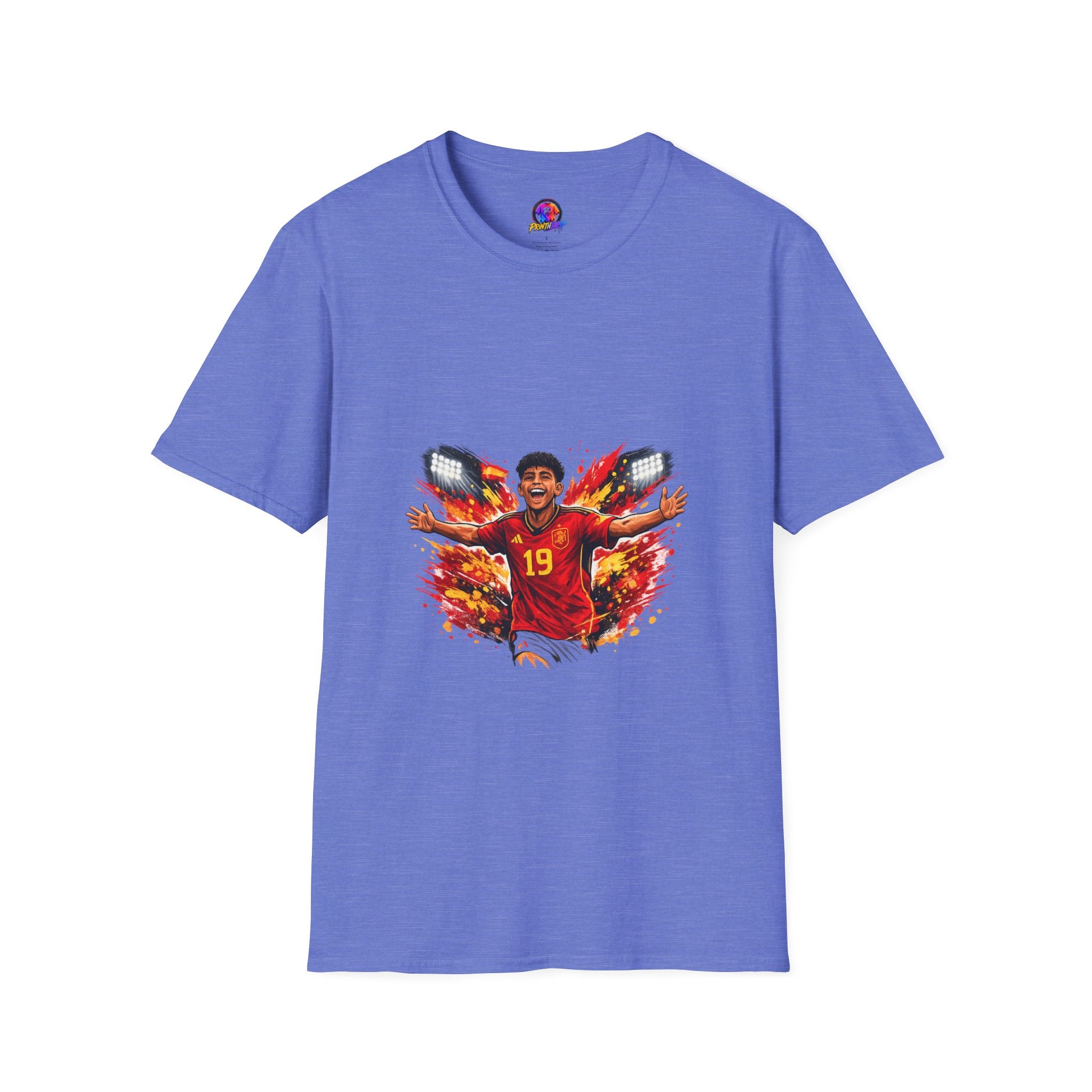 Spain Soccer Fan Portrait T‑Shirt – Fiery Goal Celebration Design