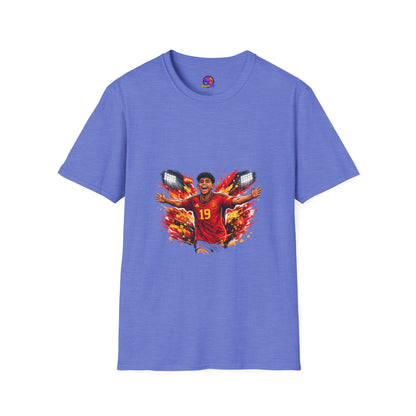 Spain Soccer Fan Portrait T‑Shirt – Fiery Goal Celebration Design