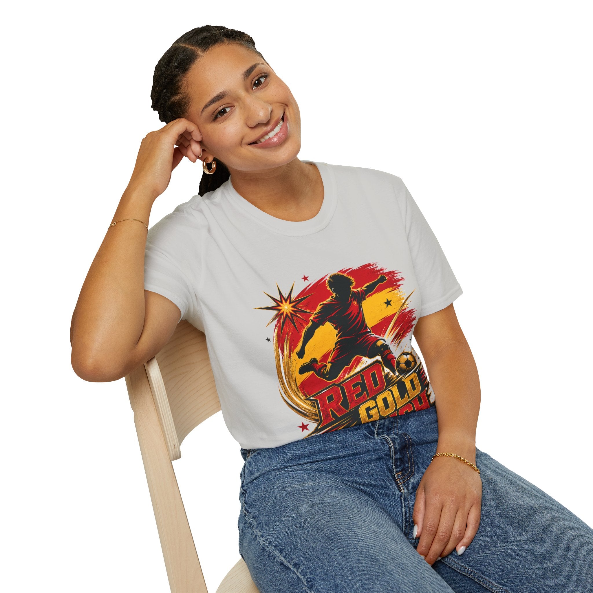 Spain Red & Gold Rush Soccer T-Shirt — Retro Soccer Player Graphic