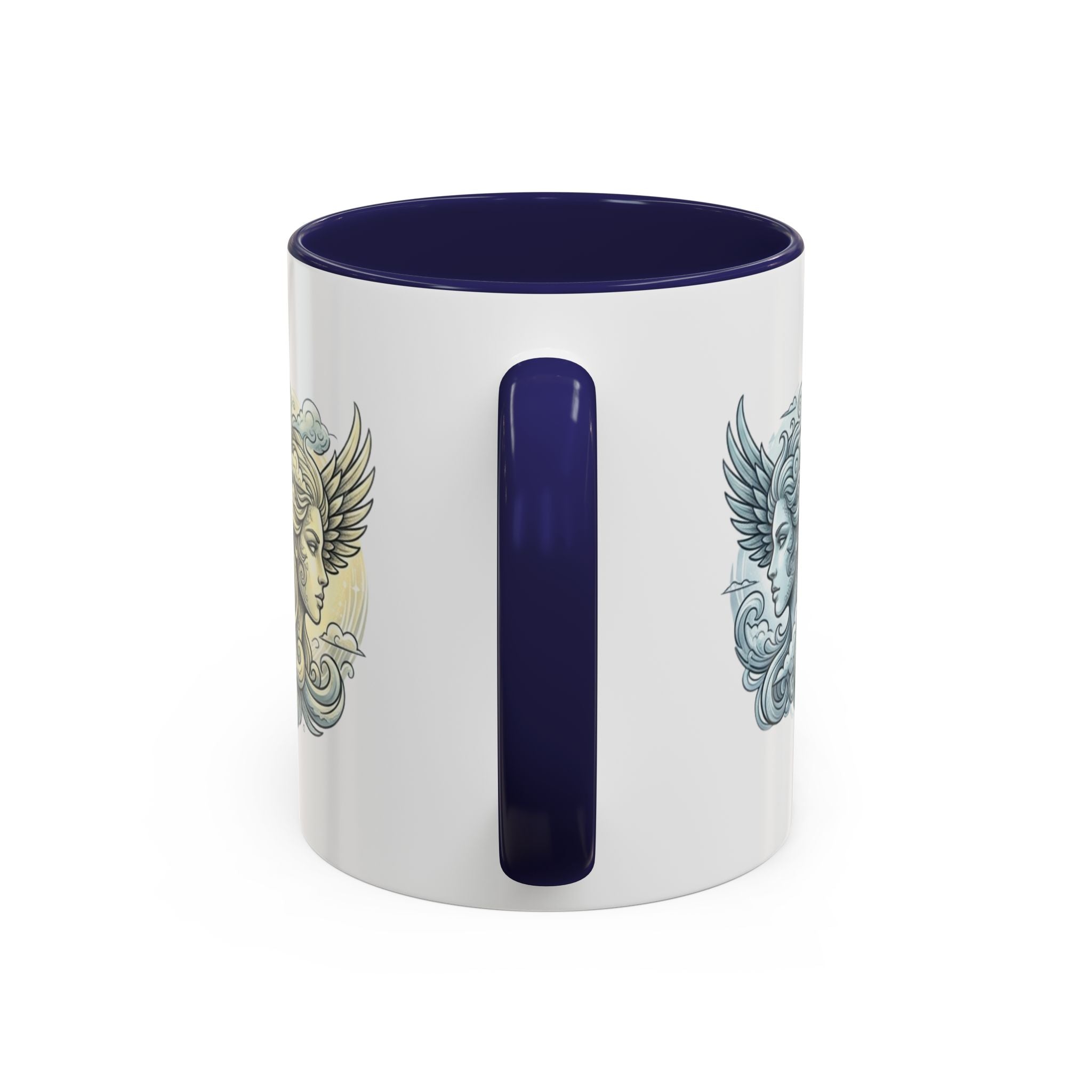 Gemini Twins Accent Coffee Mug — Sun & Moon Winged Faces Illustration