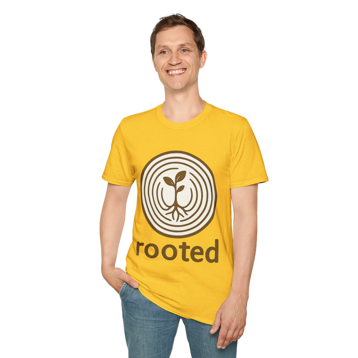 "Rooted" Retro Tree Ring Sapling Tee - Minimalist Earthy Growth Nature White T-Shirt - Trending Now - September 2026