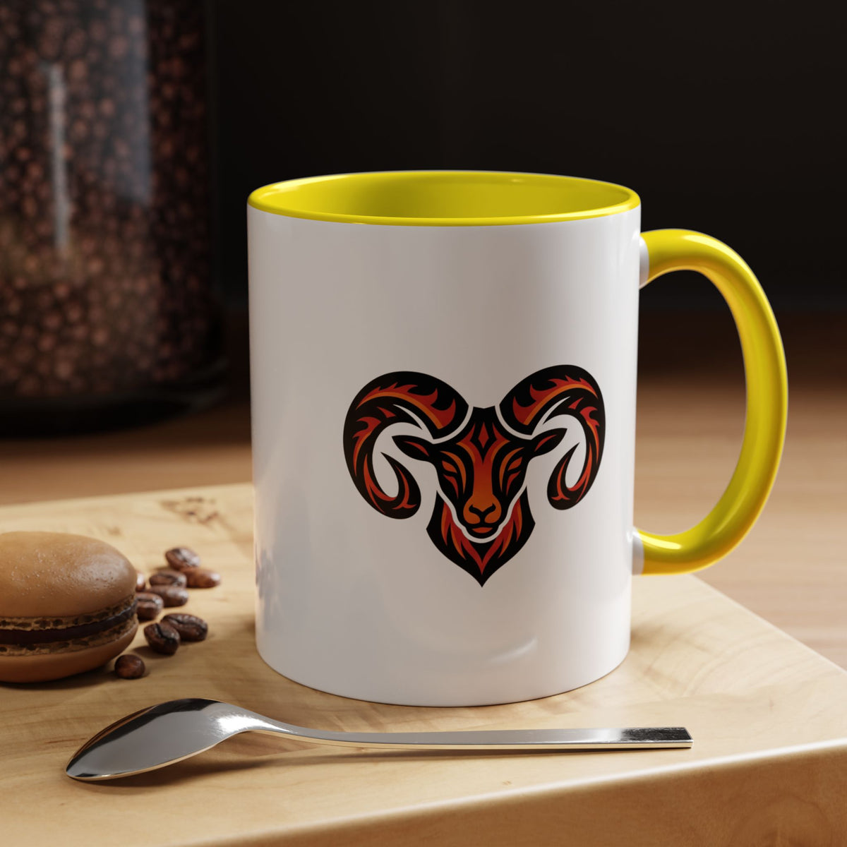Aries Zodiac Ram Logo Accent Coffee Mug — Bold Tribal Ram Head Design