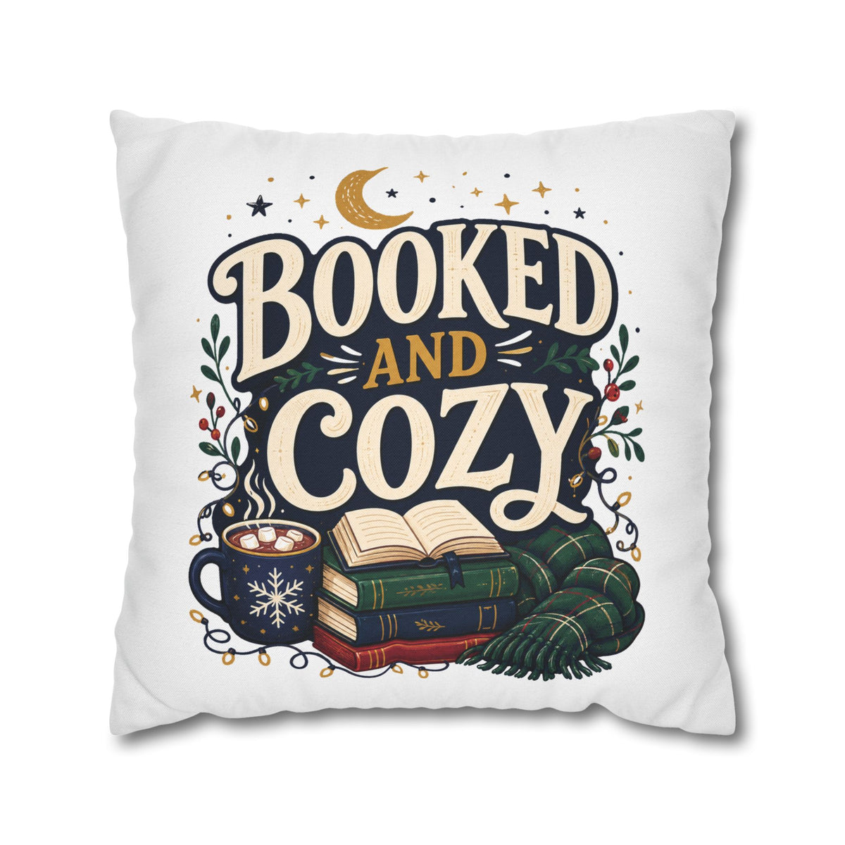 Booked and Cozy Square Pillowcase Modern Day Christmas — Booklover Decorative Throw Pillow Cover
