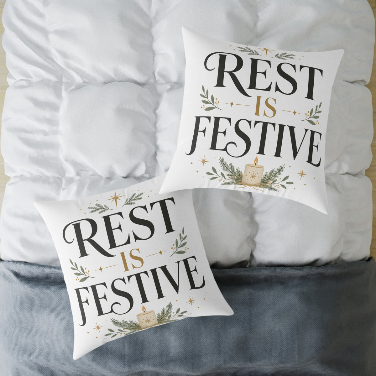 Modern Day Christmas Festive Rest Decorative Pillow – Holiday Throw Pillow with "Rest Is Festive" Design