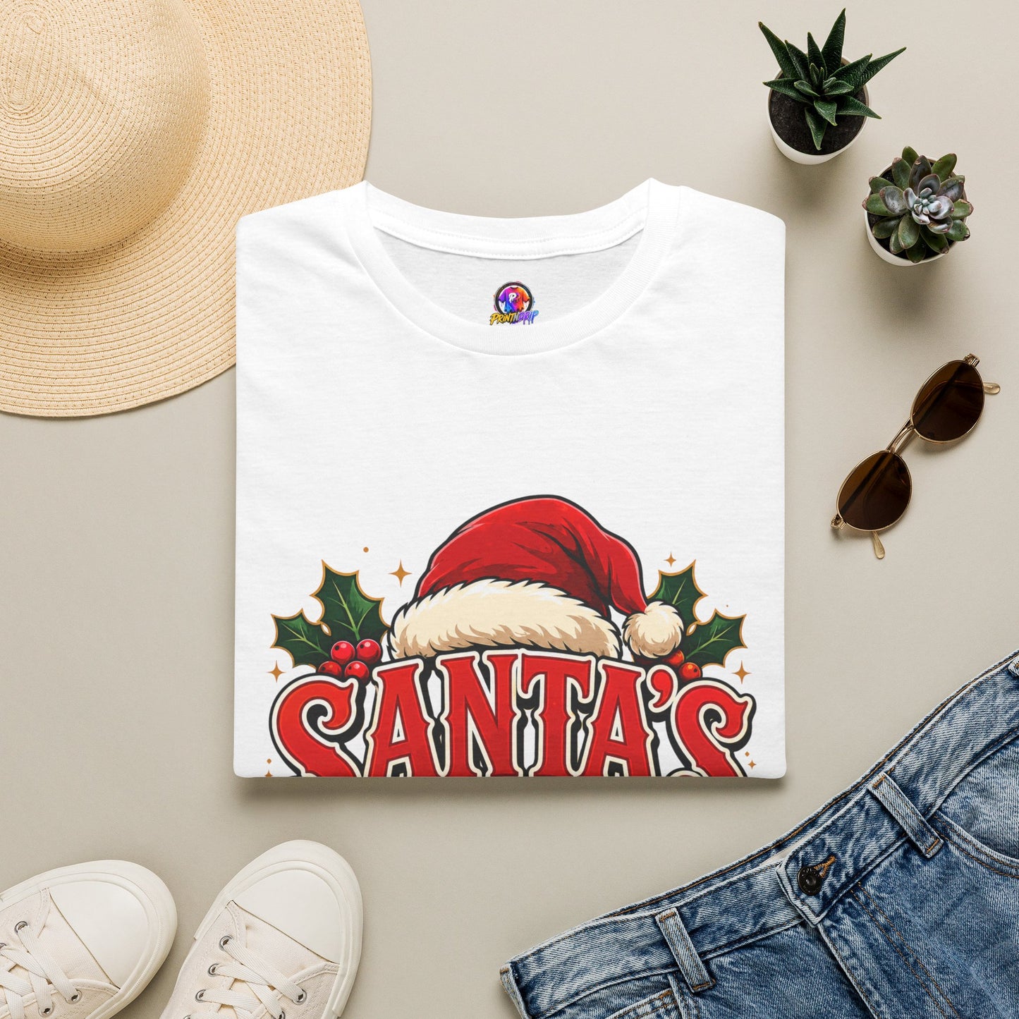 Santa's Favorite T-Shirt — Festive Christmas Tee with Santa Hat & Holly