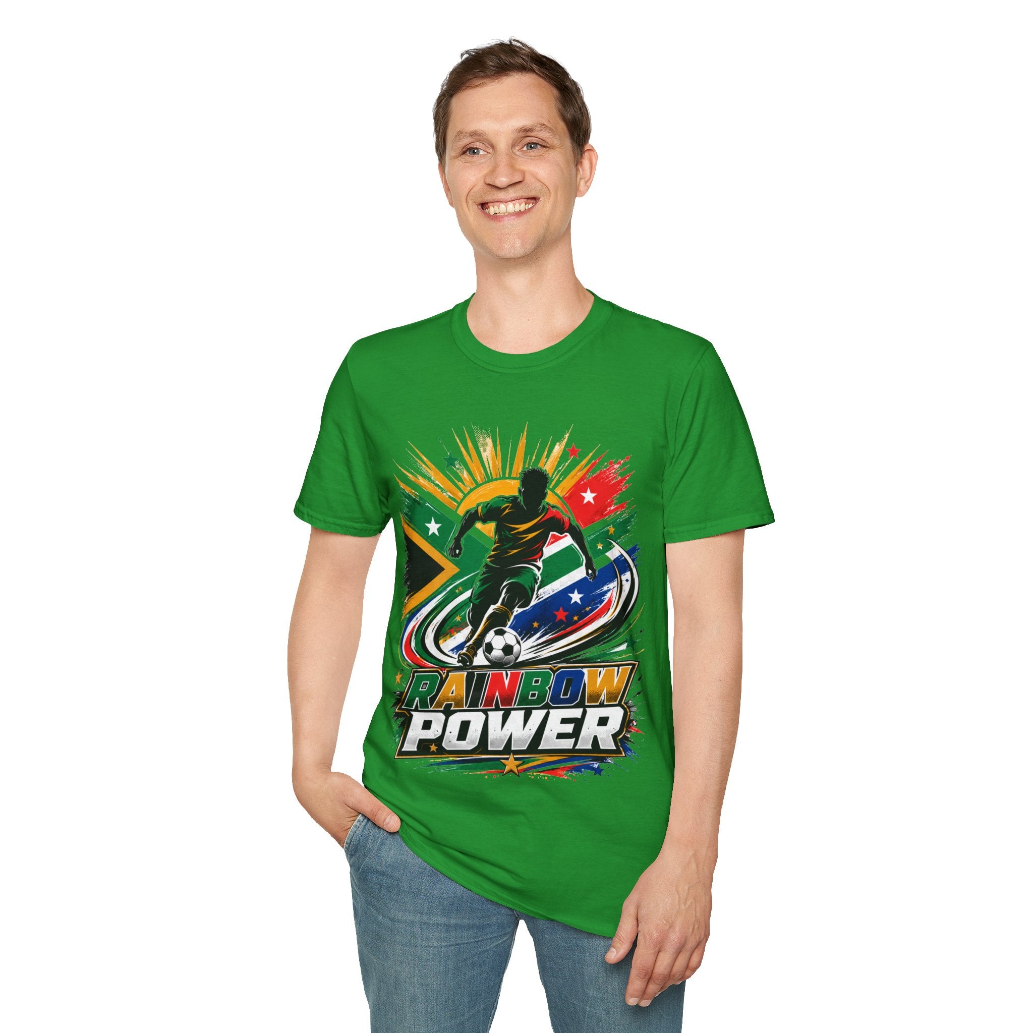 South Africa Soccer Rainbow Power T-Shirt — Colorful Football Player Graphic Tee