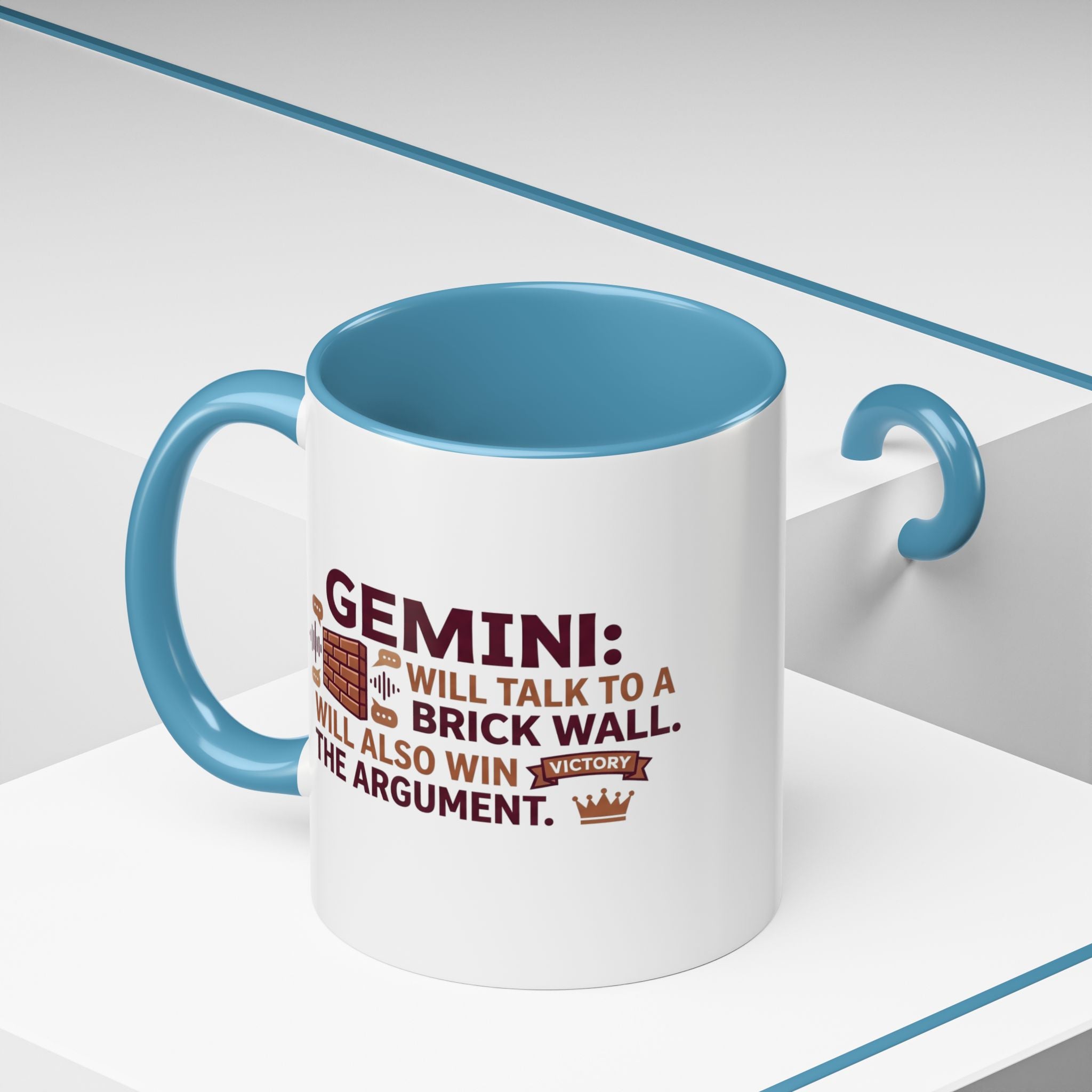 Gemini Coffee Mug — “Gemini: Will Talk to a Brick Wall, Will Also Win the Argument” Accent Mug