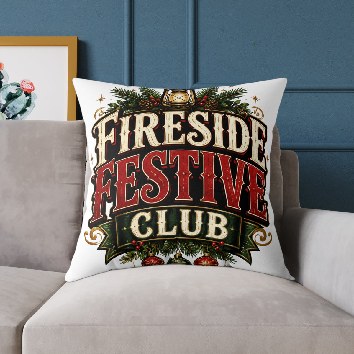 Christmas Fireside Festive Club Pillow — Holiday Christmas Decorative Throw Pillow