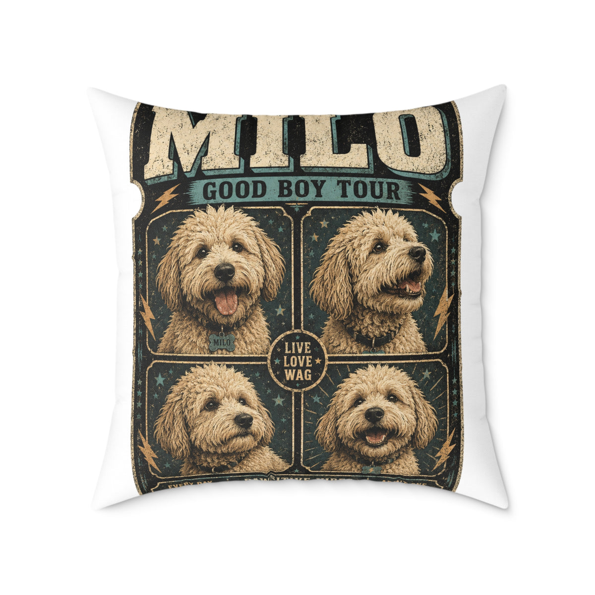 Milo "Good Boy Tour" Dog Photo Square Pillow  Milo Bailey Dog Dad Mom — Cute Pet Portrait Throw Pillow