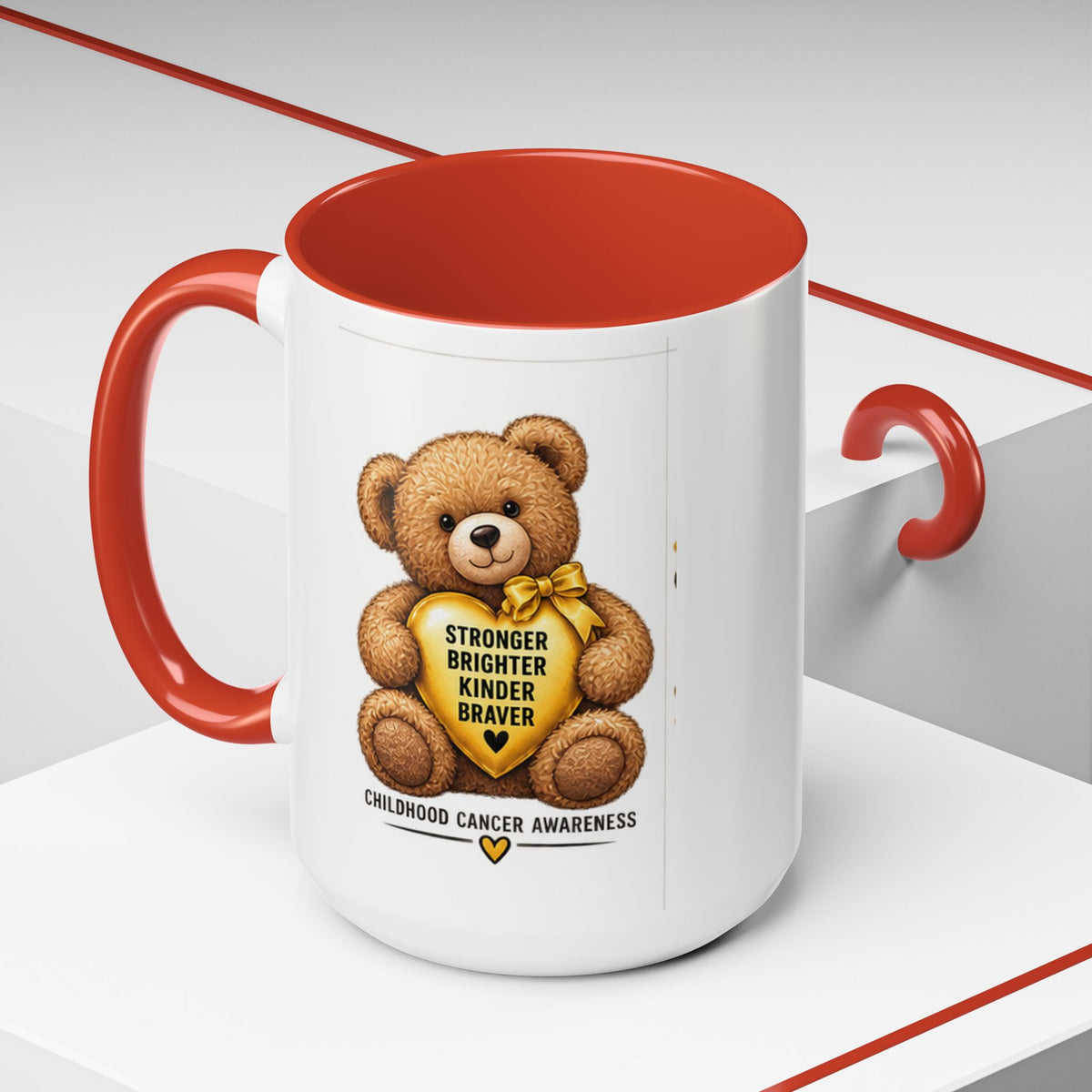 Childhood Cancer Awareness Coffee Mug — 'Stronger Brighter Kinder Braver' Teddy