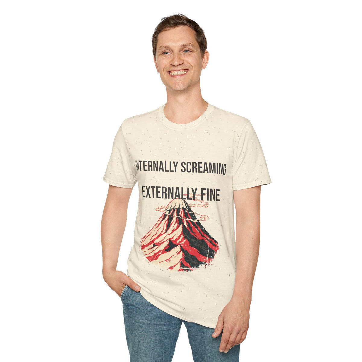 "Internally Screaming Externally Fine" Melting Volcano Tee - Funny Relatable Aesthetic White T-Shirt - Trending Now - September 2026