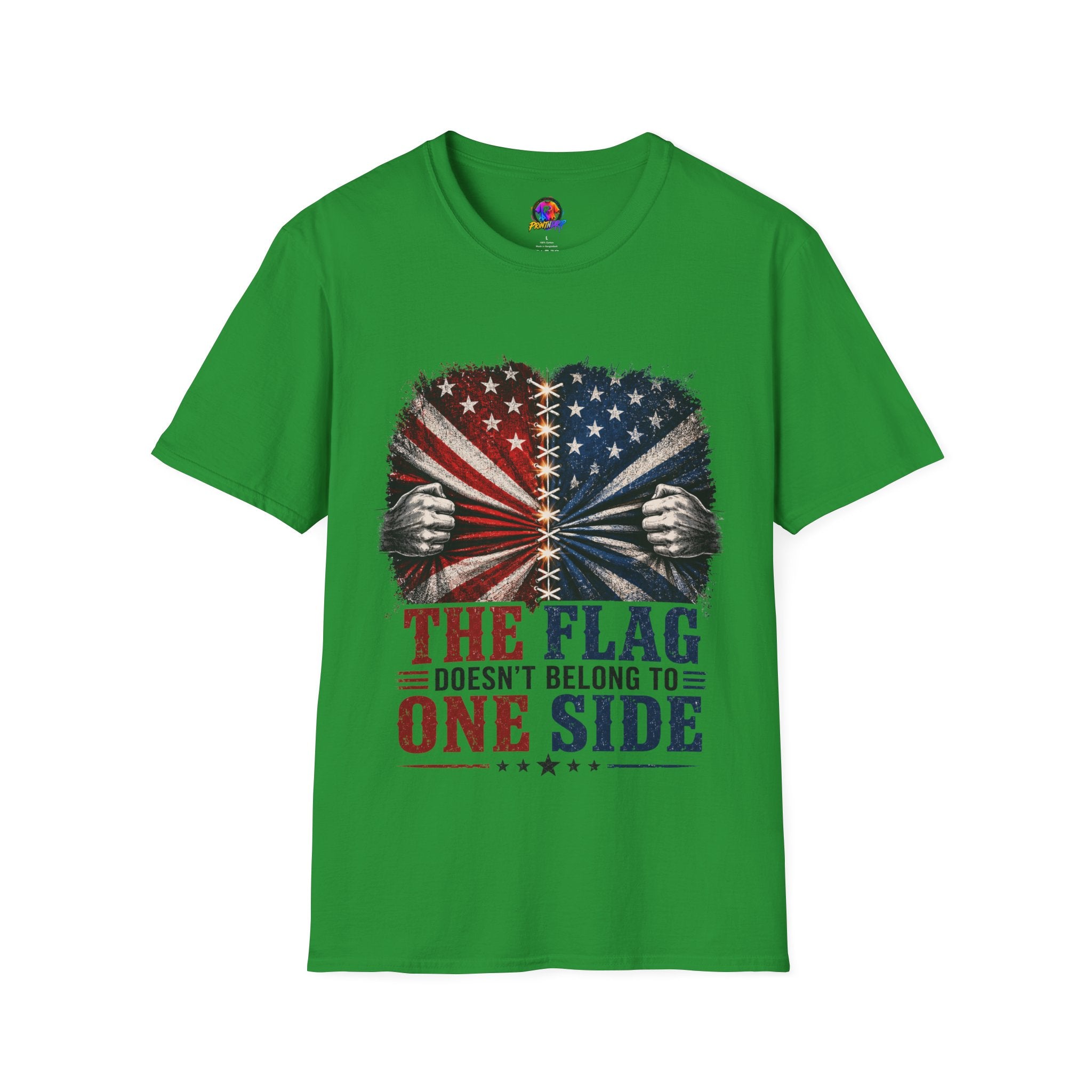 T-Shirt — "The Flag Doesn't Belong to One Side" Distressed American Flag Graphic