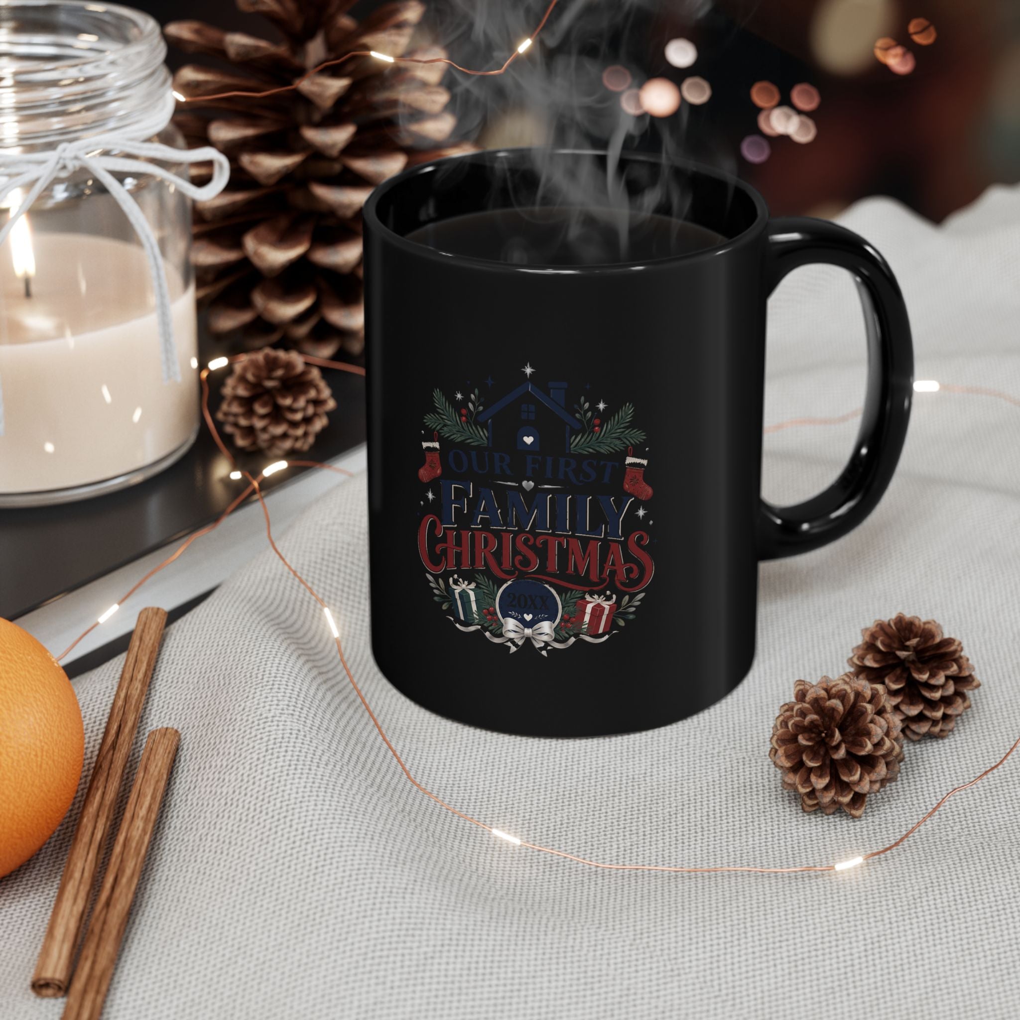 Christmas Family First Holiday Mug — “Our First Family Christmas” Black Coffee Cup