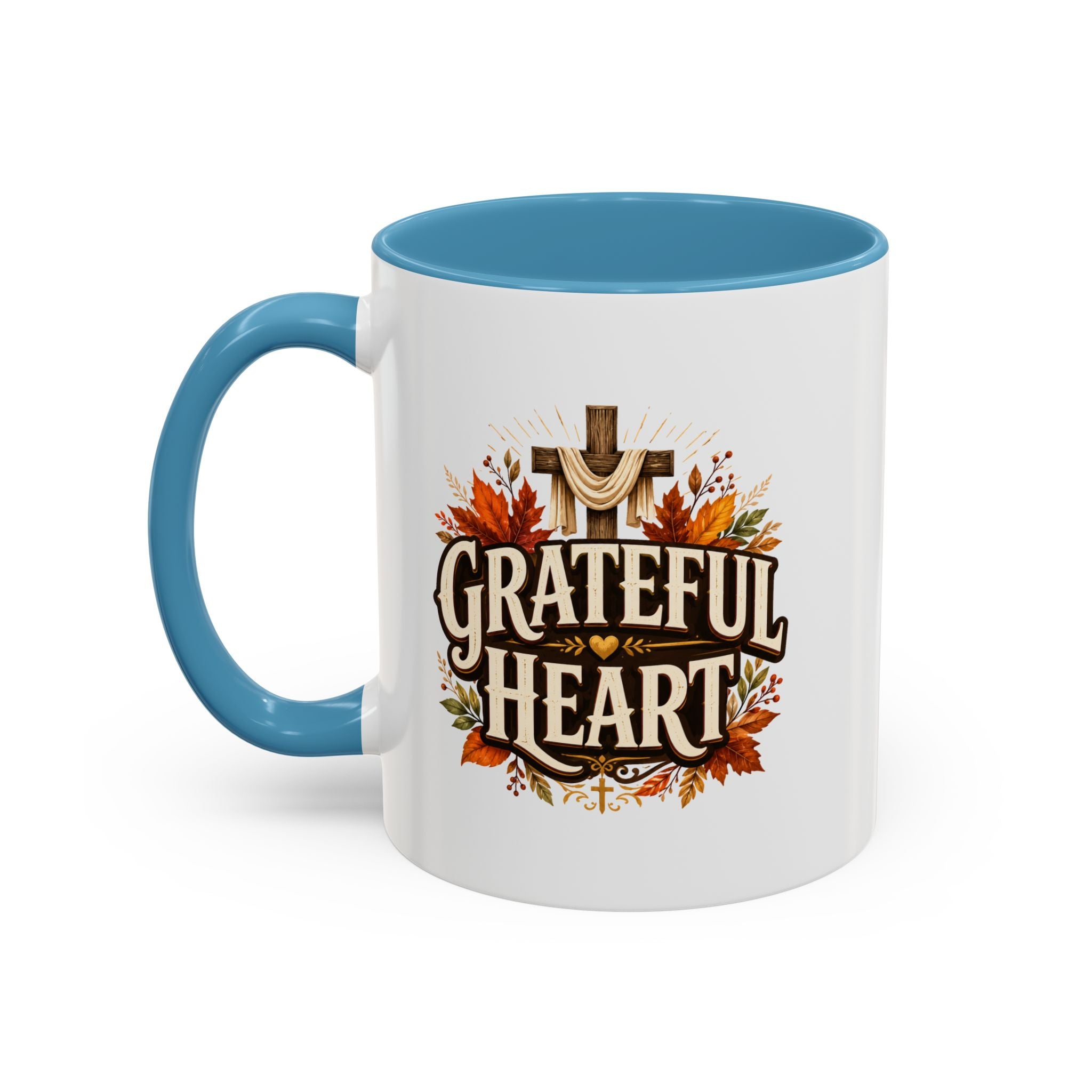 Thanksgiving Mug Grateful Heart Accent Coffee Mug – Autumn Leaves & Cross Spiritual Thanksgiving Gift