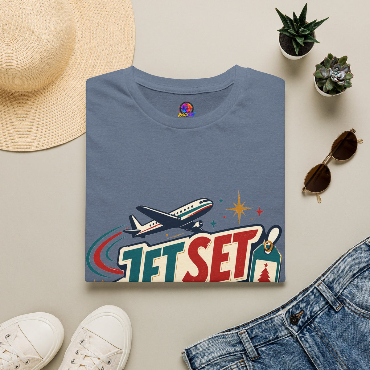 Jet Set Jingle Travel T-Shirt — Retro Airplane Vacation Graphic