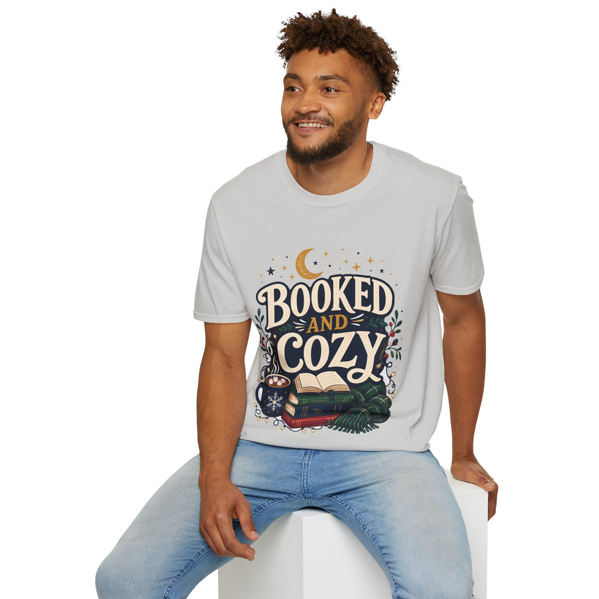Booked and Cozy T-Shirt — Cozy Reading Graphic Tee (Books, Moon & Stars)