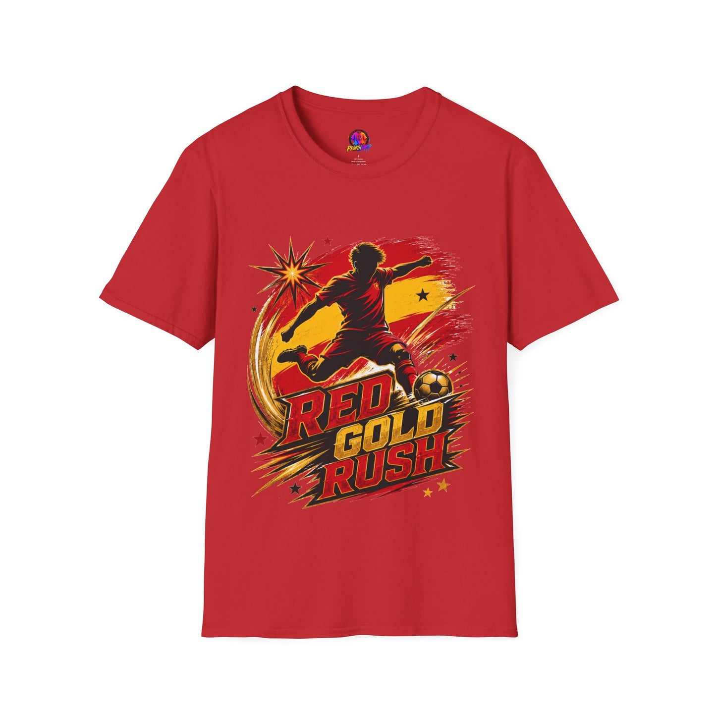 Spain Red & Gold Rush Soccer T-Shirt — Retro Soccer Player Graphic