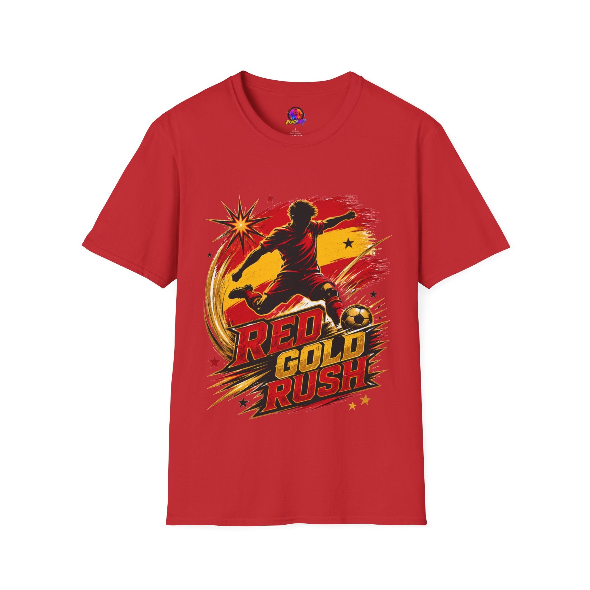 Spain Red & Gold Rush Soccer T-Shirt — Retro Soccer Player Graphic