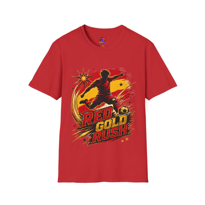 Spain Red & Gold Rush Soccer T-Shirt — Retro Soccer Player Graphic