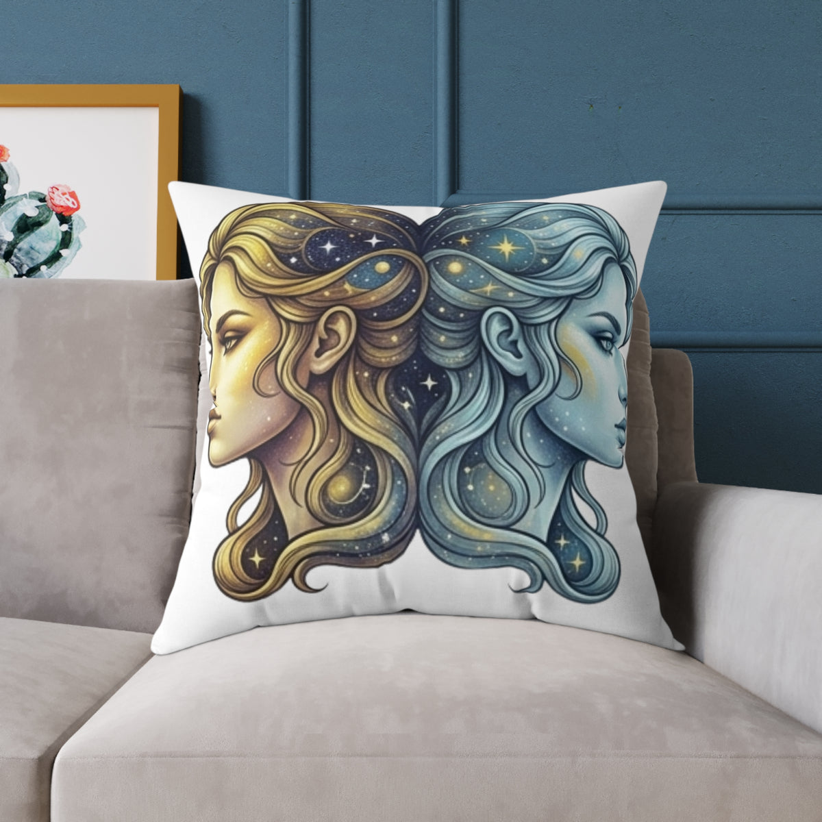 Zodiac Gemini Double-Face Art Pillow — Celestial Sun & Moon Decorative Throw Pillow