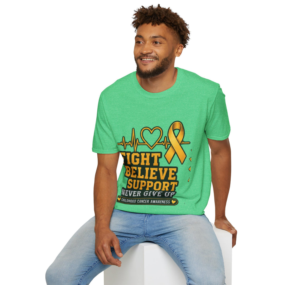 Childhood Cancer Awareness T-Shirt – "Fight Believe Support Never Give Up" Gold Ribbon Tee