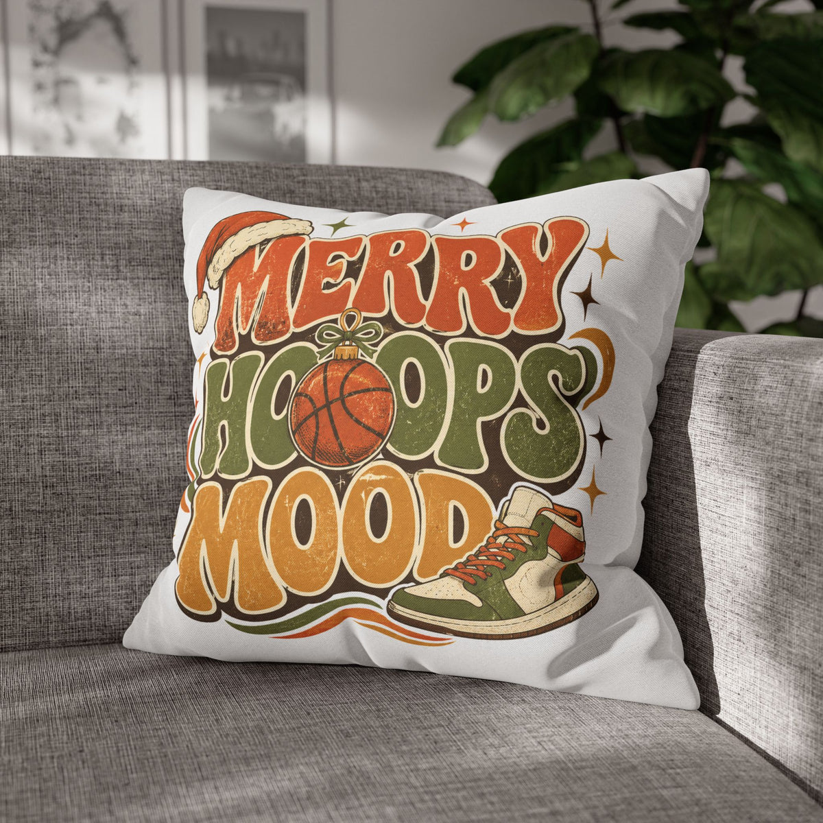 Merry Hoops Mood Holiday Pillowcase Modern Day Christmas  — Basketball Christmas Decorative Throw Pillowcase