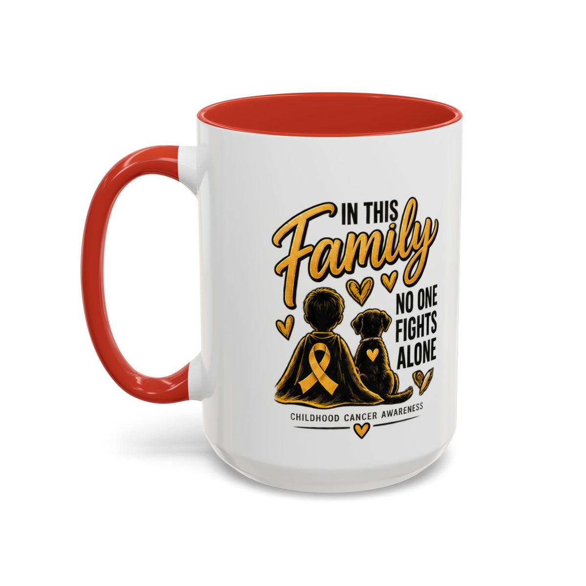 Childhood Cancer Awareness Coffee Mug — "In This Family No One Fights Alone"