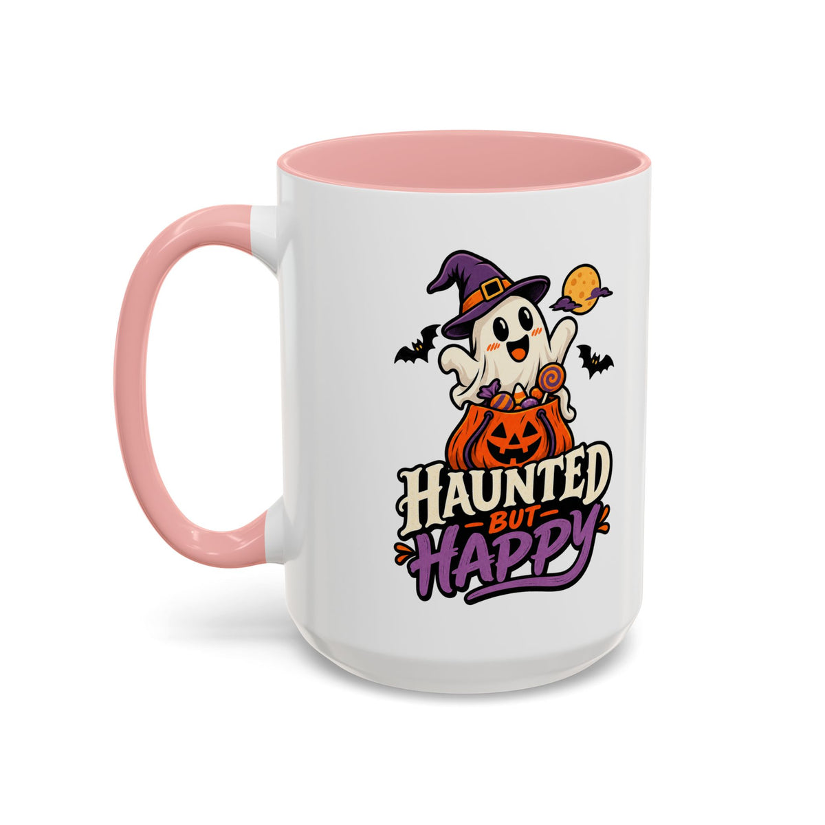 Haunted But Happy Coffee Mug — Halloween Ghost Pumpkin Accent Mug (11/15oz)