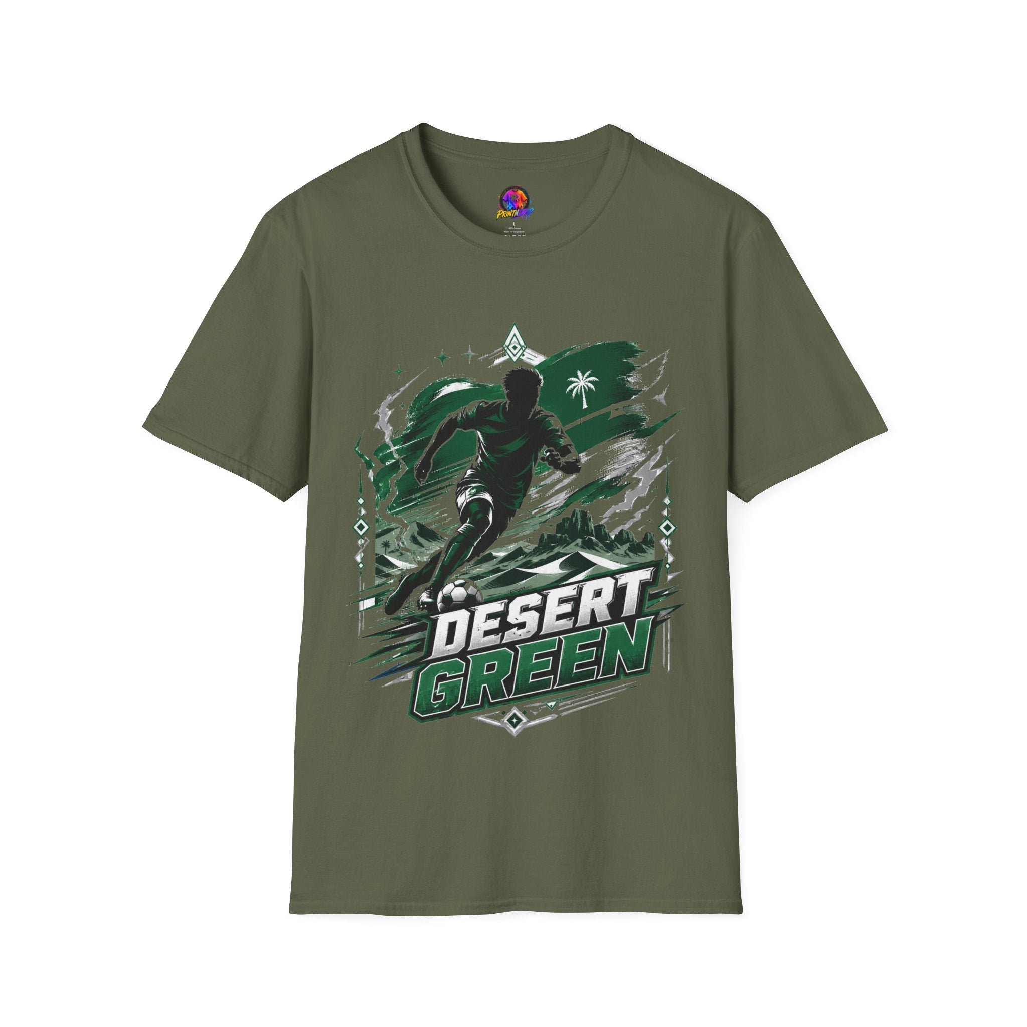 Saudi Arabia Desert Green Soccer T-Shirt — Silhouette Player Graphic