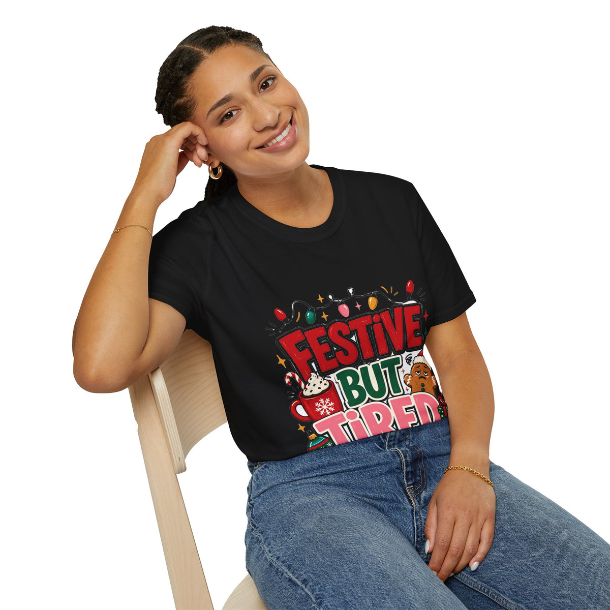 Festive But Tired T-Shirt — Holiday Christmas Crew Tee with Lights & Gingerbread