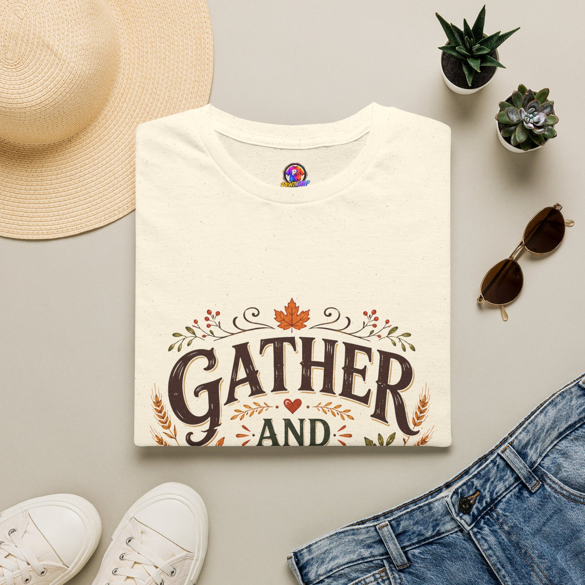 Thanksgiving T-Shirt Gather and Give Thanks T-Shirt — Thanksgiving Fall Holiday Tee