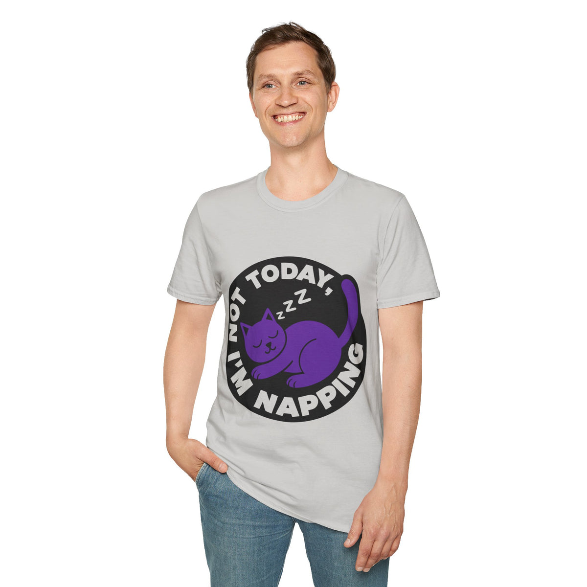 Not Today I'm Napping Purple Cat Tee - Funny Sleeping Kitten Badge Graphic T-Shirt - Trending Now - September 2026