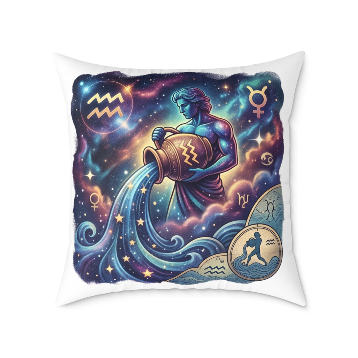 Aquarius Zodiac Pillow – Illustrated Astrological Water Bearer Throw Cushion