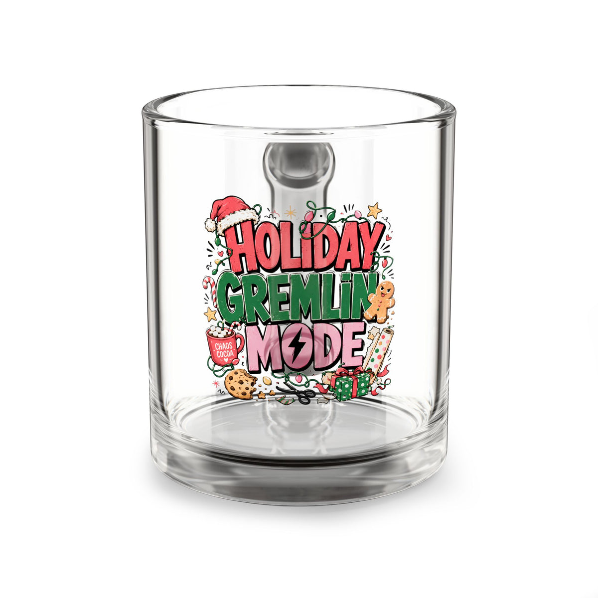 Modern Day Christmas Glass Mug  10oz Glass Mug — "Holiday Gremlin Mode" Christmas Glass Coffee Mug, Funny Festive Holiday Gift